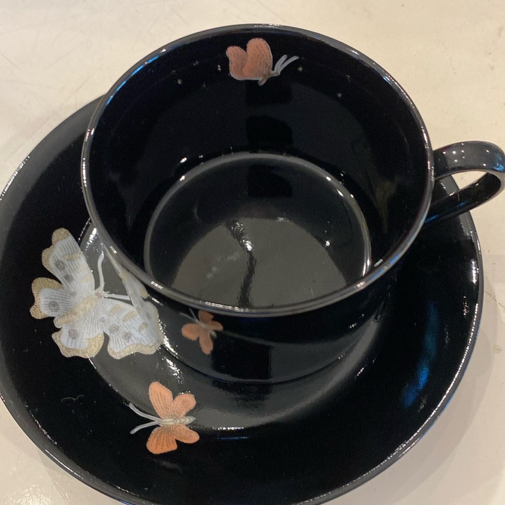 Fitz & Floyd Midnight Poppy Cup‎ & Saucer w/Butterflies.  White/Light Orange.
